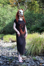 Load image into Gallery viewer, Handmade Gothic Witch Dress – Black Ruched Short Sleeve Dress with Anatomical Heart & Floral Print