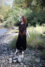 Load image into Gallery viewer, Handmade Gothic Witch Dress – Black Ruched Short Sleeve Dress with Anatomical Heart & Floral Print