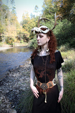 Load image into Gallery viewer, Handmade Gothic Witch Dress – Black Ruched Short Sleeve Dress with Anatomical Heart & Floral Print