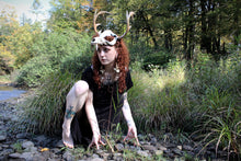 Load image into Gallery viewer, Handmade Gothic Witch Dress – Black Ruched Short Sleeve Dress with Anatomical Heart & Floral Print