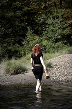 Load image into Gallery viewer, Handmade Gothic Witch Dress – Black Ruched Short Sleeve Dress with Anatomical Heart & Floral Print