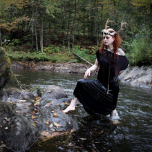 Load image into Gallery viewer, Handmade Gothic Witch Dress – Black Ruched Short Sleeve Dress with Anatomical Heart & Floral Print