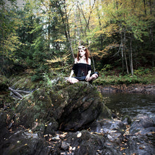 Load image into Gallery viewer, Handmade Gothic Witch Dress – Black Ruched Short Sleeve Dress with Anatomical Heart & Floral Print