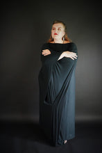 Load image into Gallery viewer, Long Black Kaftan Dress Long Sleeve Off the Shoulder Maxi Over Size Large Dress