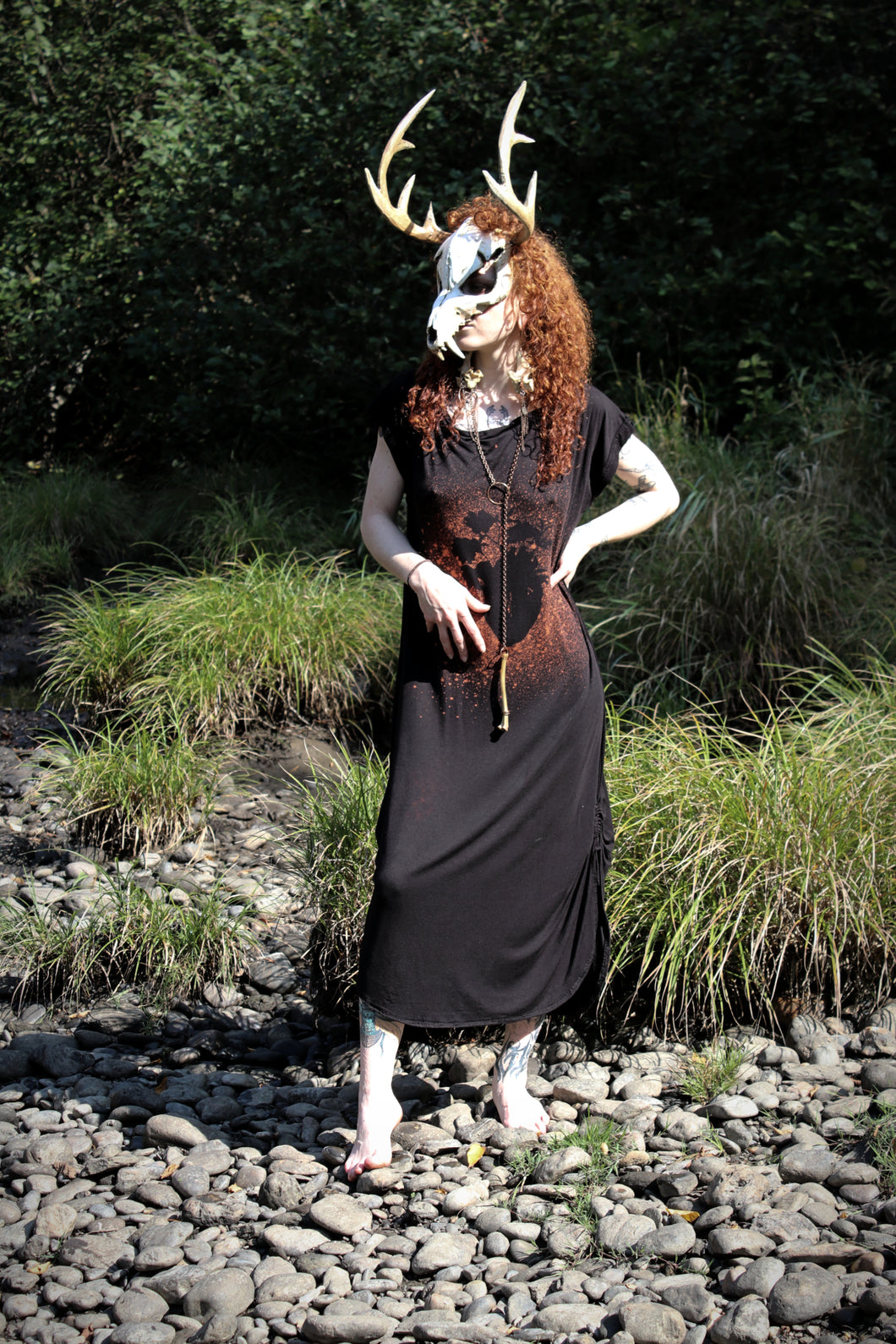 Handmade Gothic Witch Dress – Black Ruched Short Sleeve Dress with Anatomical Heart & Floral Print