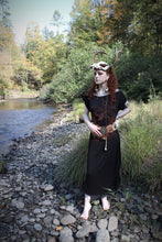 Load image into Gallery viewer, Handmade Gothic Witch Dress – Black Ruched Short Sleeve Dress with Anatomical Heart &amp; Floral Print
