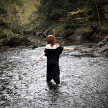 Load image into Gallery viewer, Handmade Gothic Witch Dress – Black Ruched Short Sleeve Dress with Anatomical Heart &amp; Floral Print
