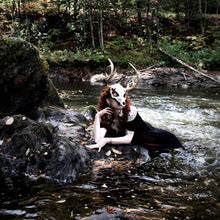 Load image into Gallery viewer, Handmade Gothic Witch Dress – Black Ruched Short Sleeve Dress with Anatomical Heart &amp; Floral Print
