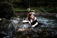 Load image into Gallery viewer, Handmade Gothic Witch Dress – Black Ruched Short Sleeve Dress with Anatomical Heart &amp; Floral Print
