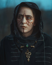 Load image into Gallery viewer, Rune Print Black Post Apocalyptic Cowl Hood
