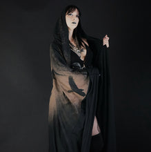 Load image into Gallery viewer, Long Hooded Ritual Robe Crow Bat Moth Fern Print
