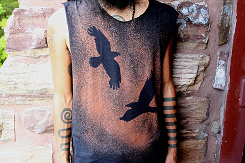 Huginn Muninn Oden Raven Crow Post Apocalyptic T-Shirt Tank Top - Wings of Sin 